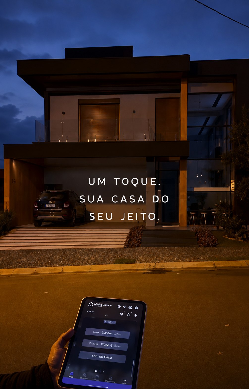 Fachada residencial à noite — um toque, sua casa do seu jeito